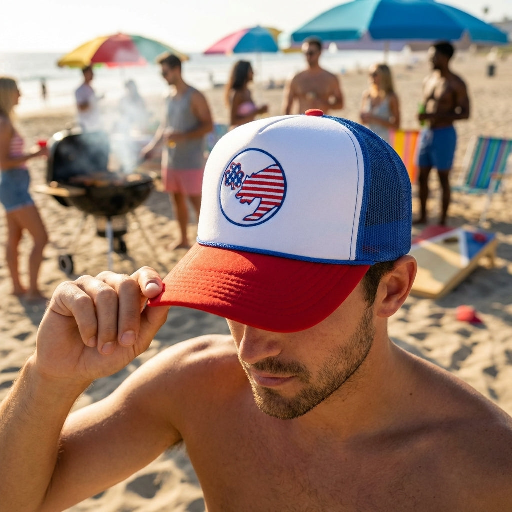 Foam trucker hat with Lucky Bear logo worn by a model adjusting the brim at a lively beach party scene with umbrellas and crowd.