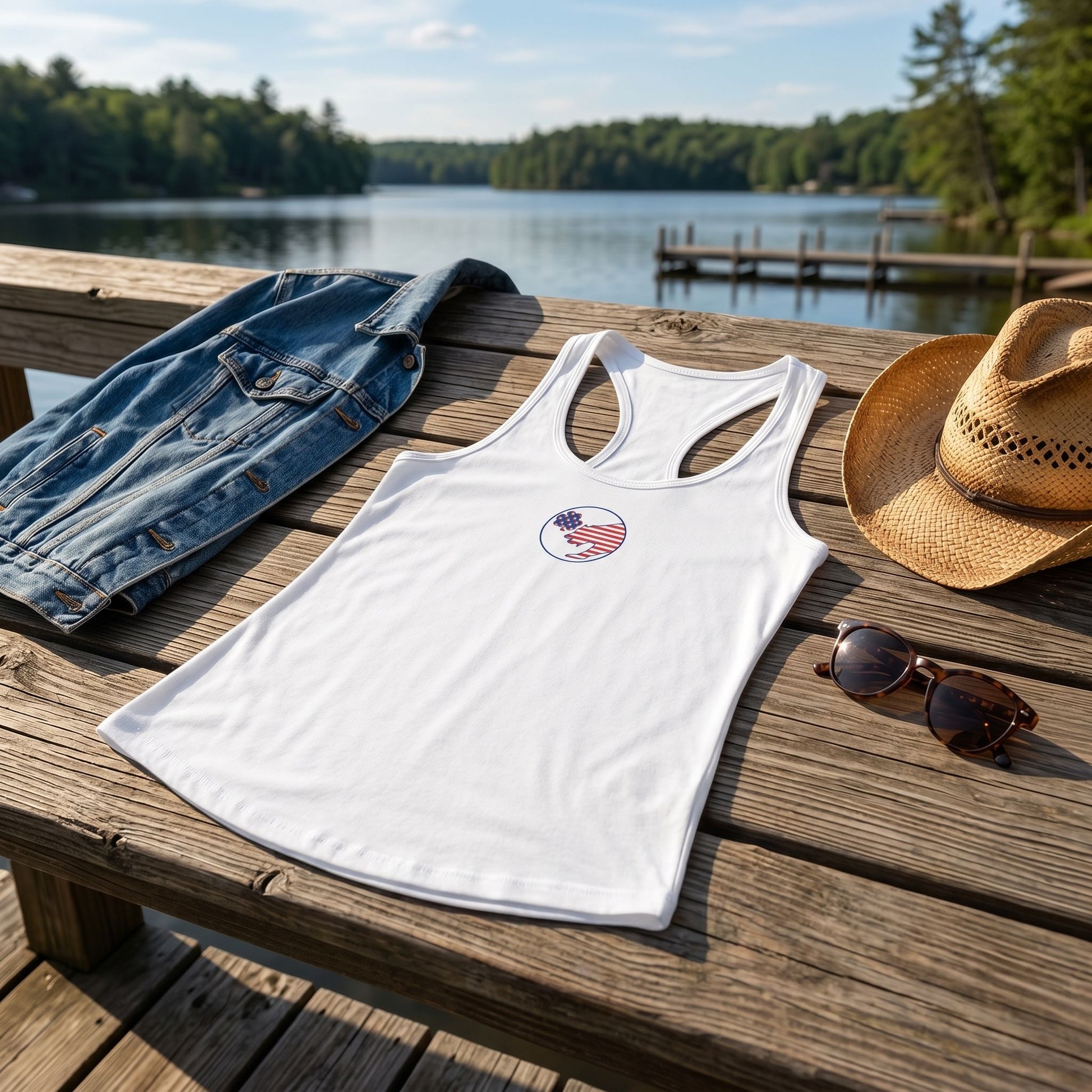 All American women's racerback tank laid flat on rustic lakeside dock railing, surrounded by summer accessories in natural sunlight.