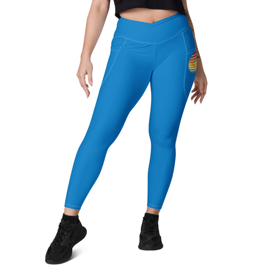 Ocean Blue Retro Sunset Crossover leggings with pockets