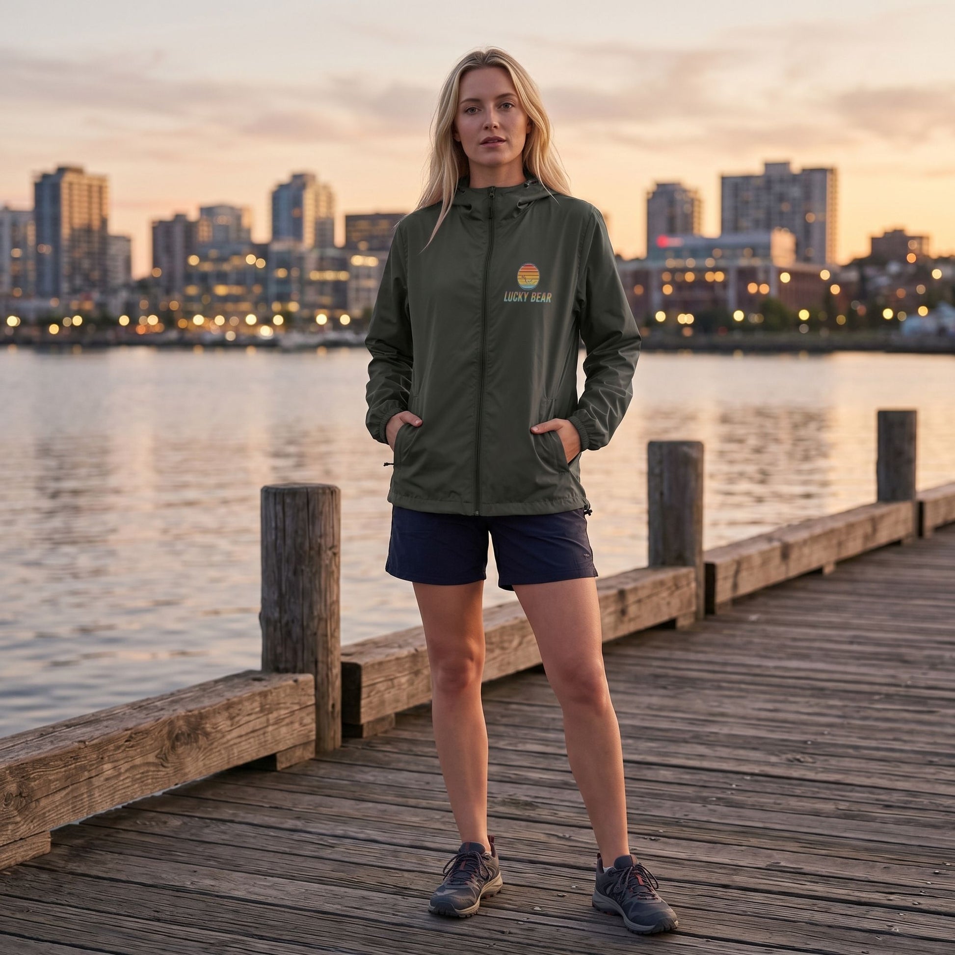 Blonde female model wearing unisex retro sunset lightweight windbreaker on a pier during early evening with urban waterfront background.