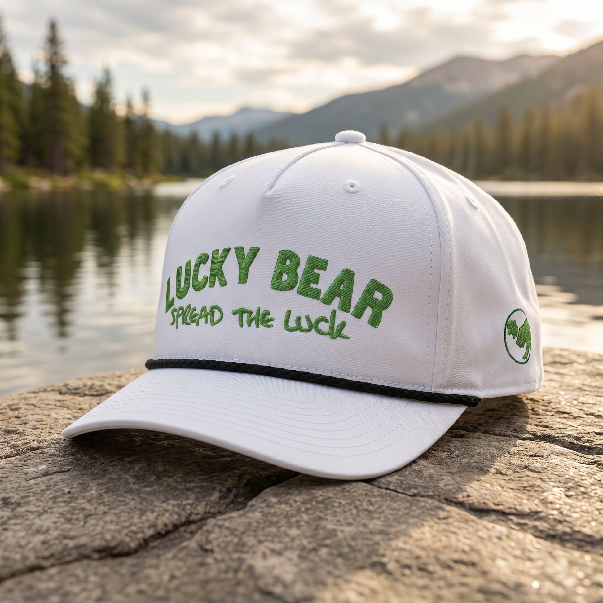 Cap placed on a stone surface outdoors with natural light highlighting its stitching and lightweight polyester fabric.