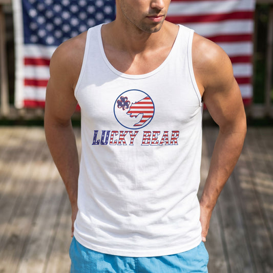 Detailed close-up of All American Luck men's tank top on a model, featuring fabric texture and patriotic American flag backdrop.