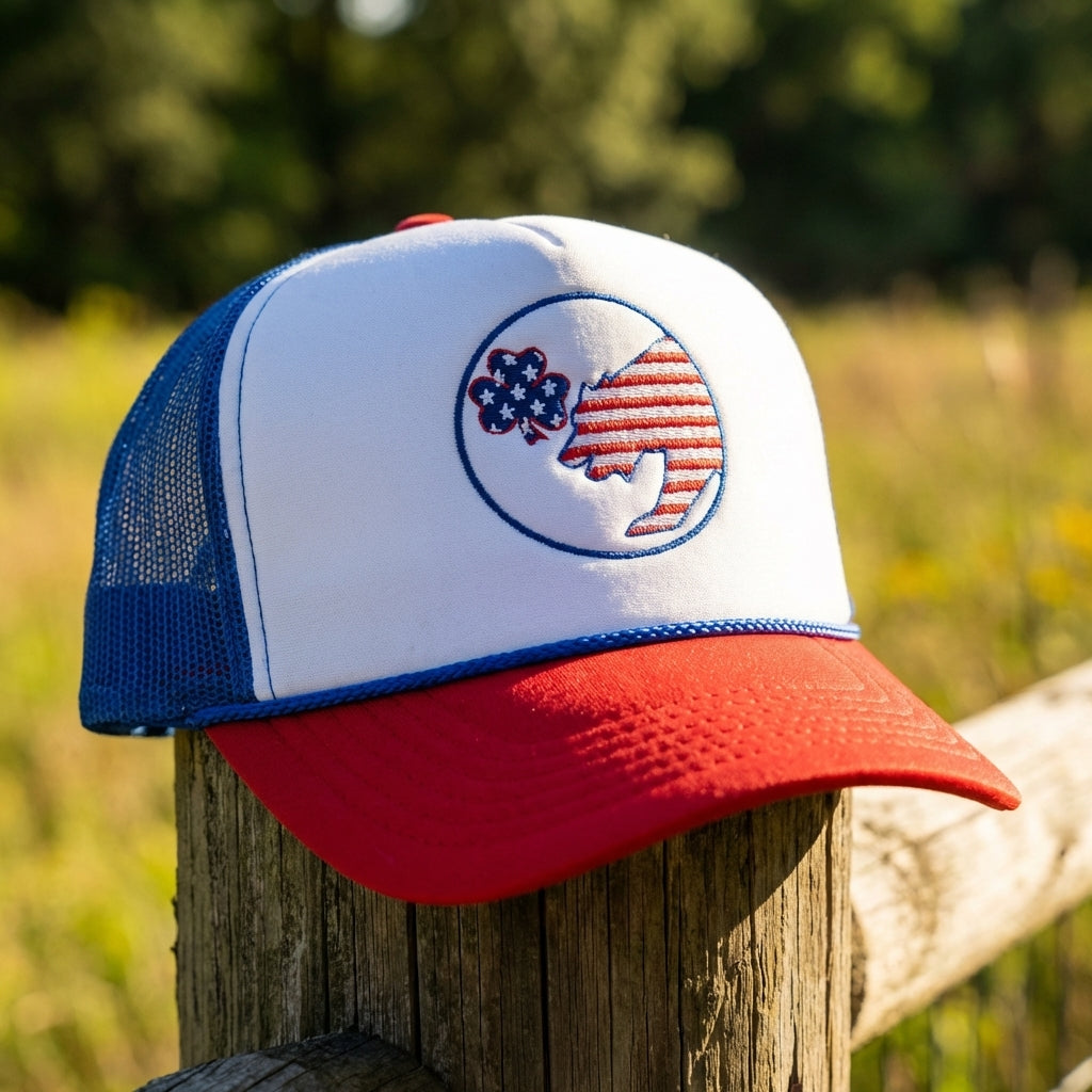 Macro shot of the foam trucker hat highlighting the seamless foam front panel and structured 5-panel design with detailed stitching.
