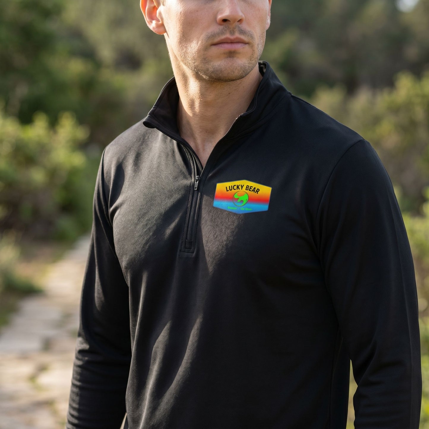 Close-up of light gray quarter-zip pullover highlighting fabric texture and fit.