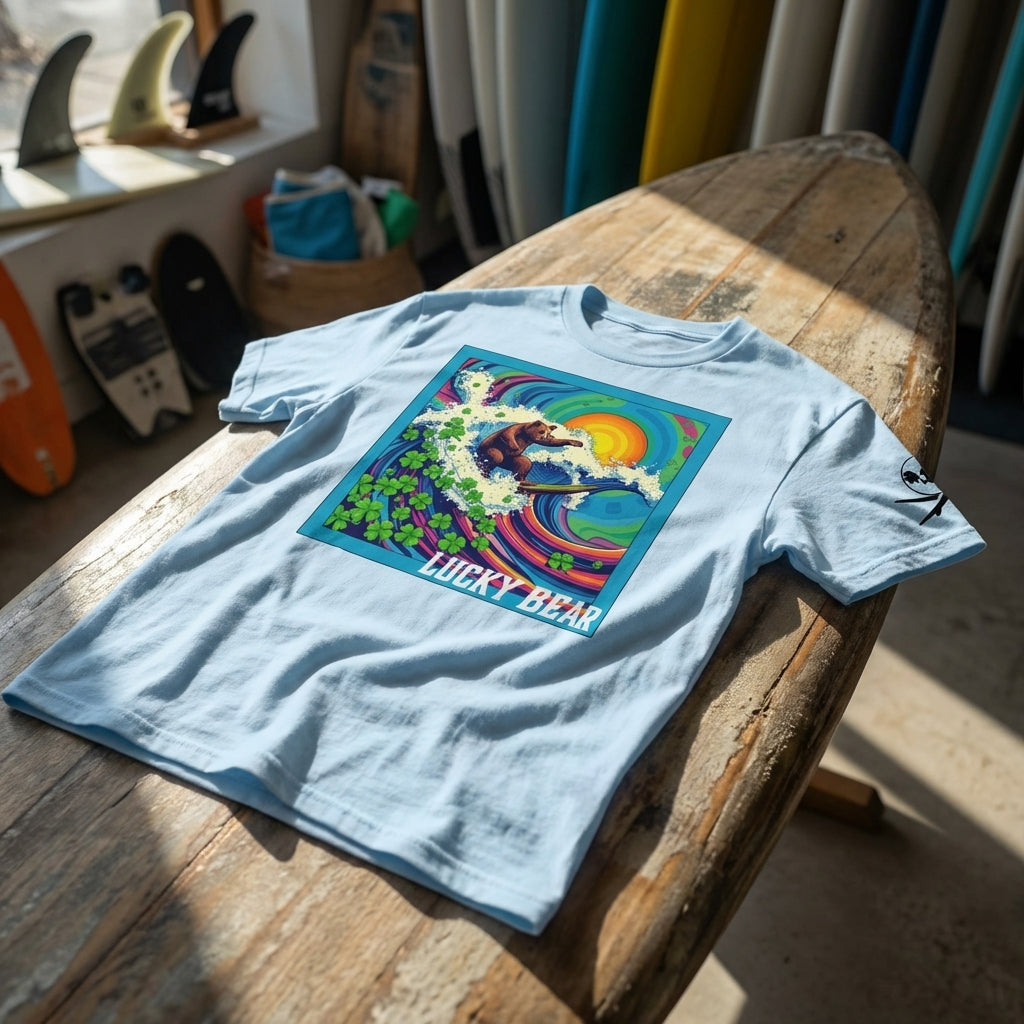 Surf Club Riding Waves Tee displayed on surfboard in surf shop environment with ocean-themed decor.