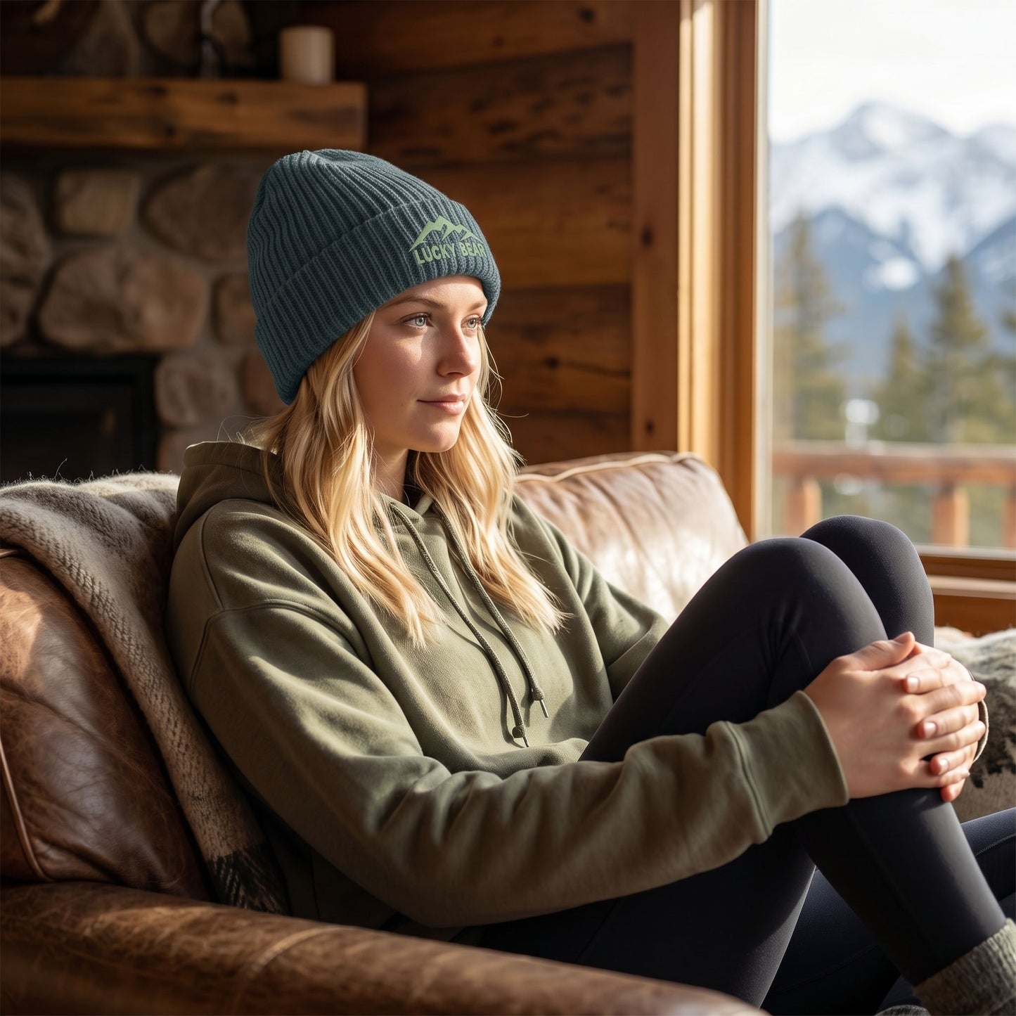 Blonde female model in mountain cabin wearing the Sierra Summit Fisherman beanie with casual leggings and hoodie, relaxed on a couch.