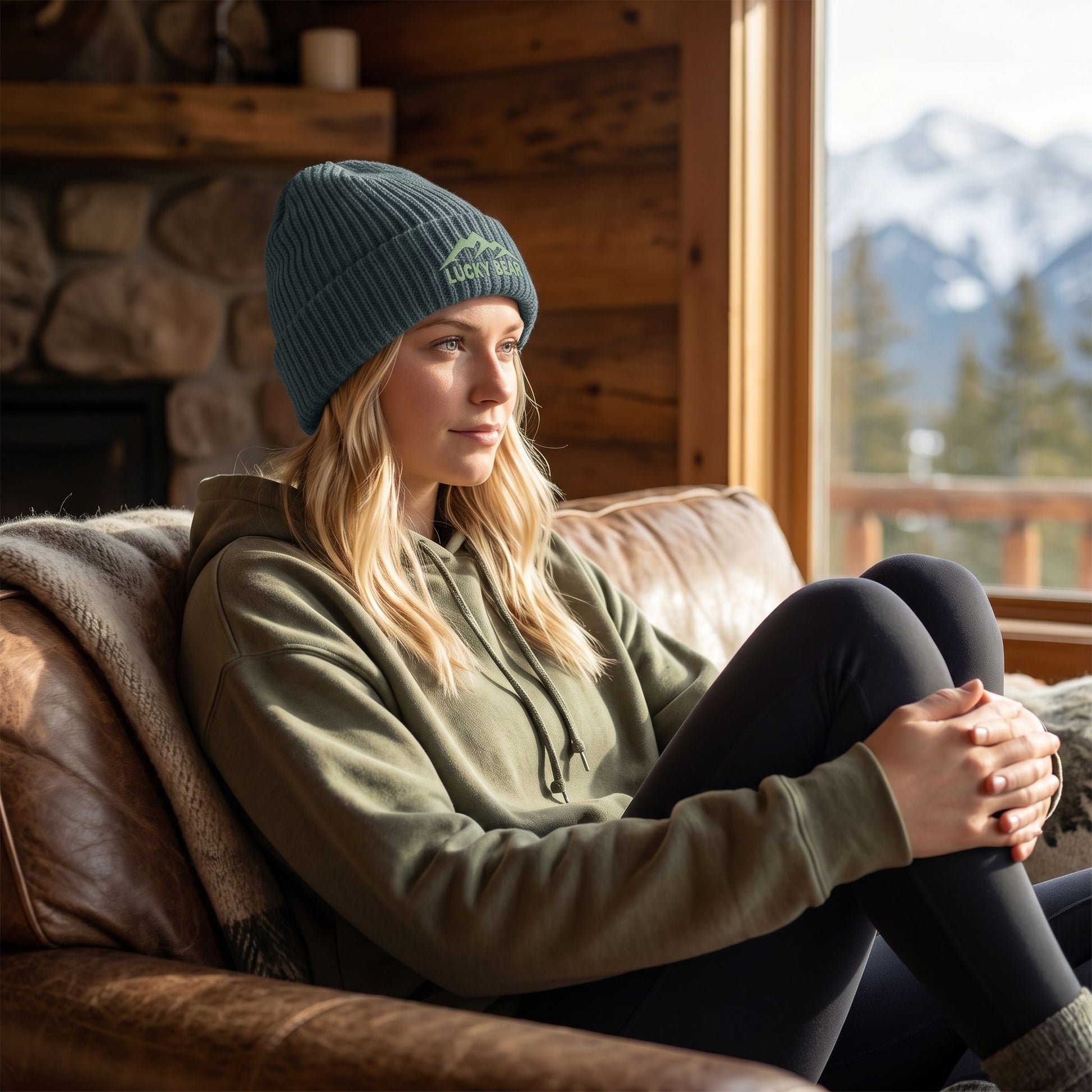 Blonde female model in mountain cabin wearing the Sierra Summit Fisherman beanie with casual leggings and hoodie, relaxed on a couch.