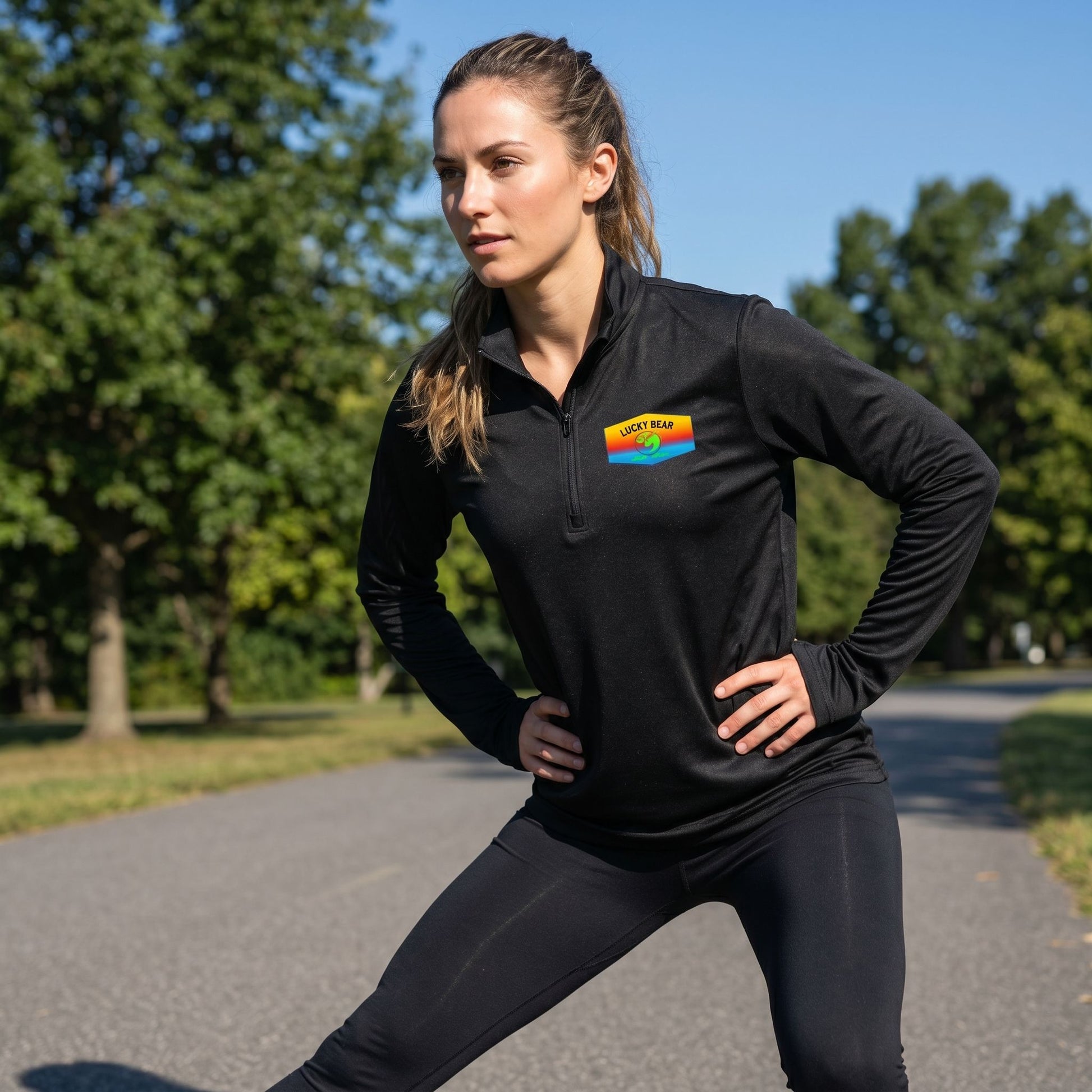 Female model stretching outdoors on trail wearing lightweight quarter-zip pullover.