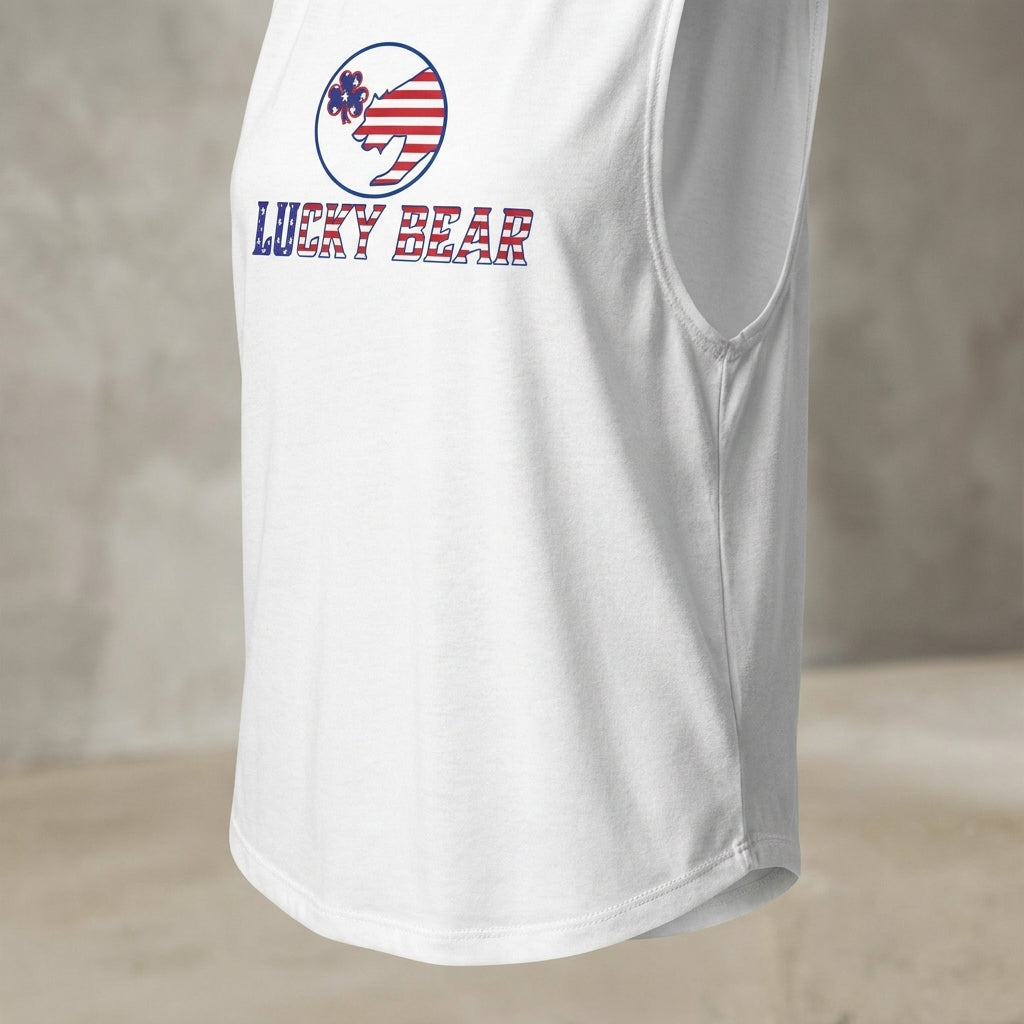 Close-up of Ladies’ All American Luck Muscle Tank fabric highlighting soft flowy texture and stitching details.