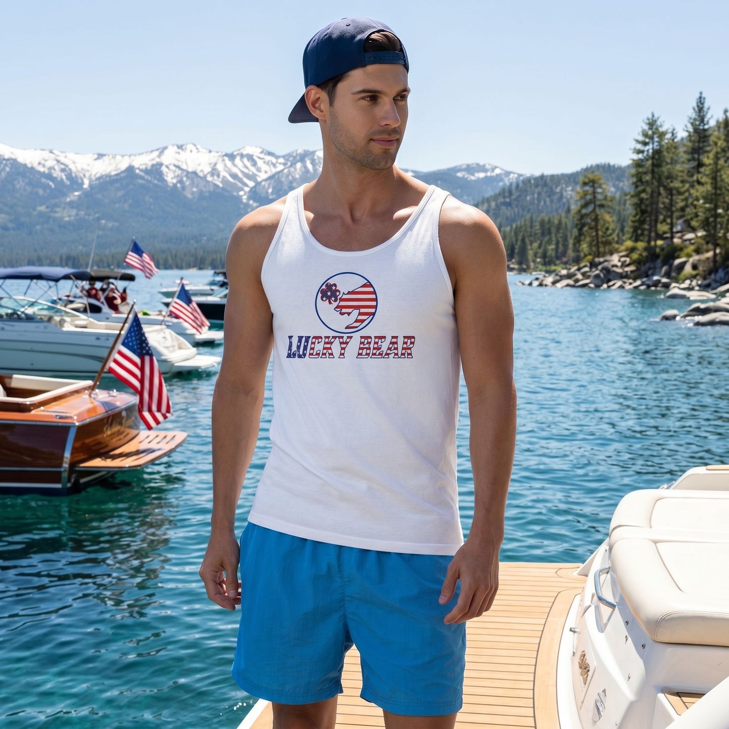 Model on a boat wearing the All American Luck men's tank top with lake Tahoe background, sunlight highlighting the patriotic theme and fabric details.