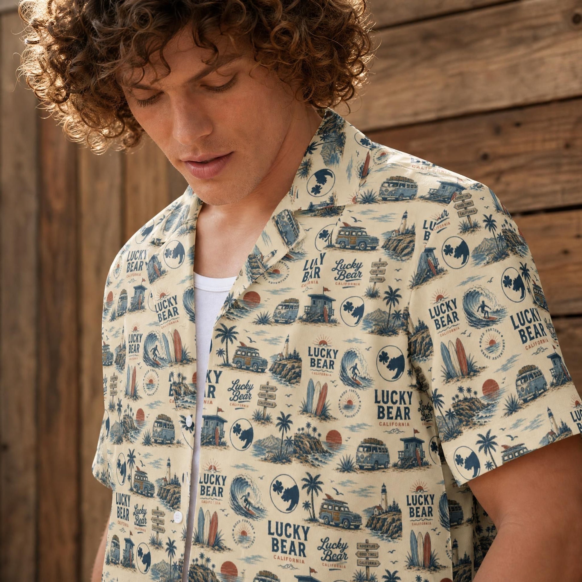 Close-up of the Lucky Bear Americana shirt highlighting distressed California coastal print and breathable fabric.