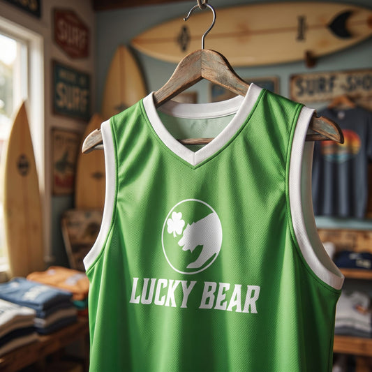 Close-up of Lucky Bear basketball jersey on rustic hanger, highlighting textured recycled polyester fabric and breathable mesh.