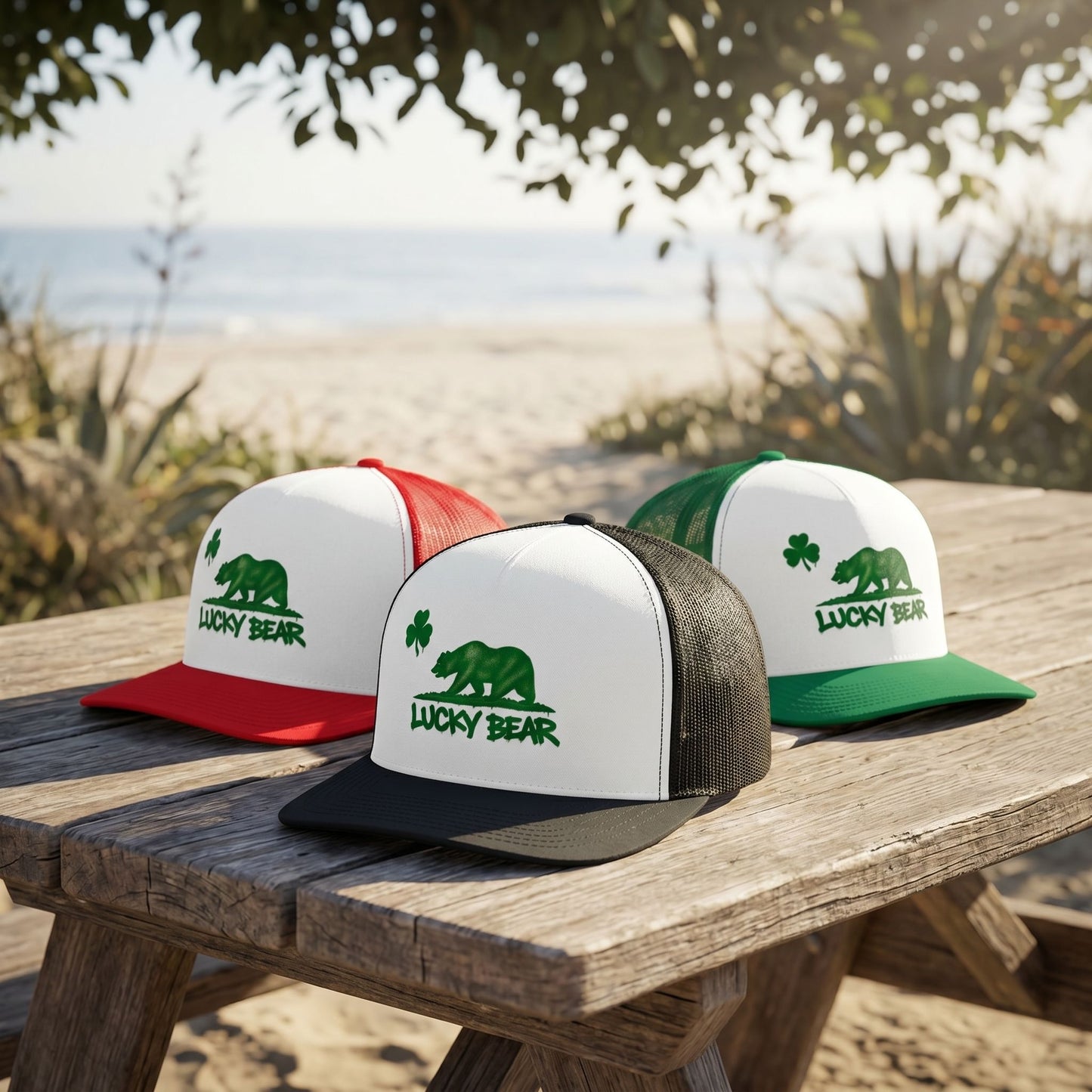 High-resolution photo of Lucky Republic Trucker Cap on textured wood outdoors, emphasizing curved brim and stitch details.