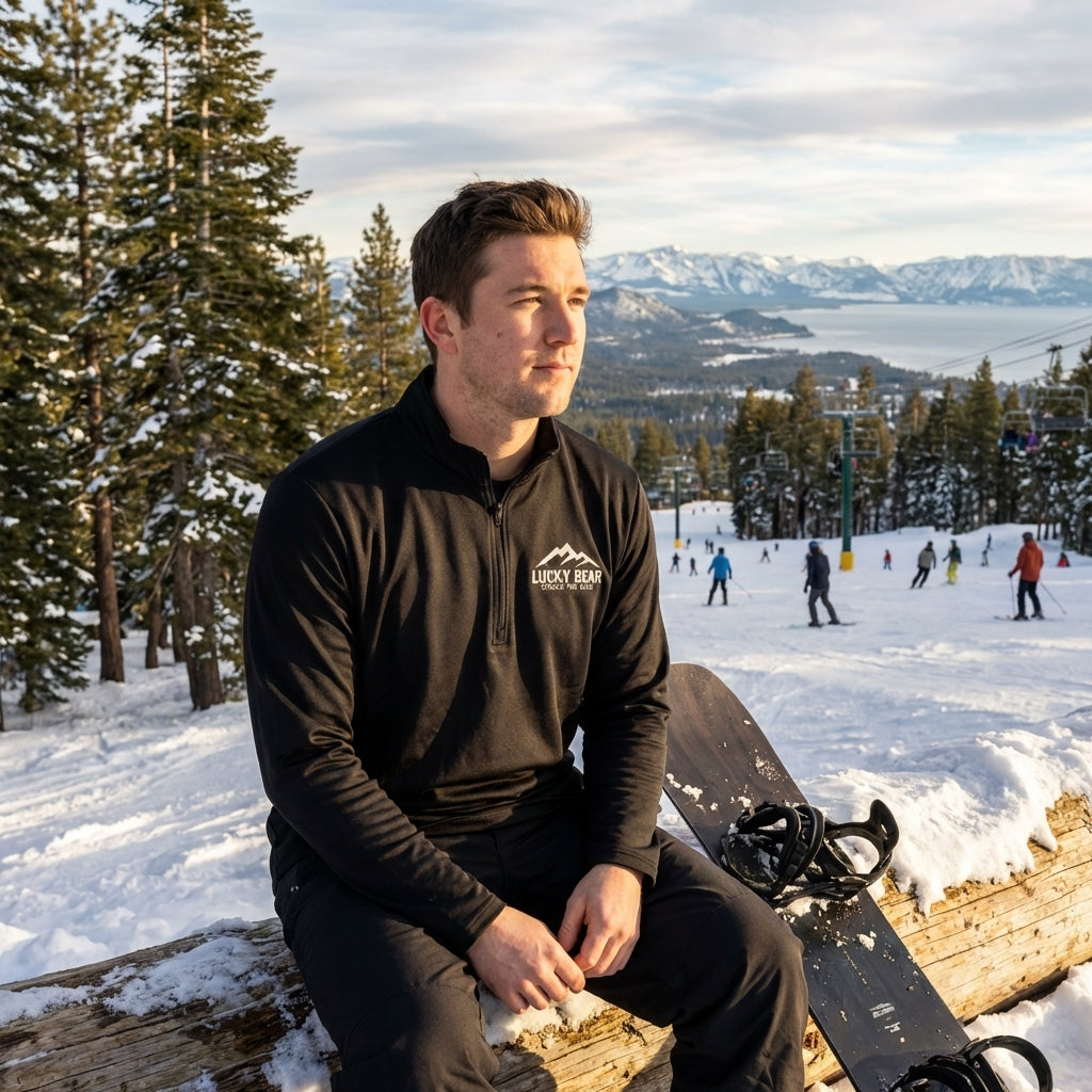 Man standing on a snow-covered Lake Tahoe trail wearing a white quarter-zip pullover during golden hour with scenic mountain backdrop.