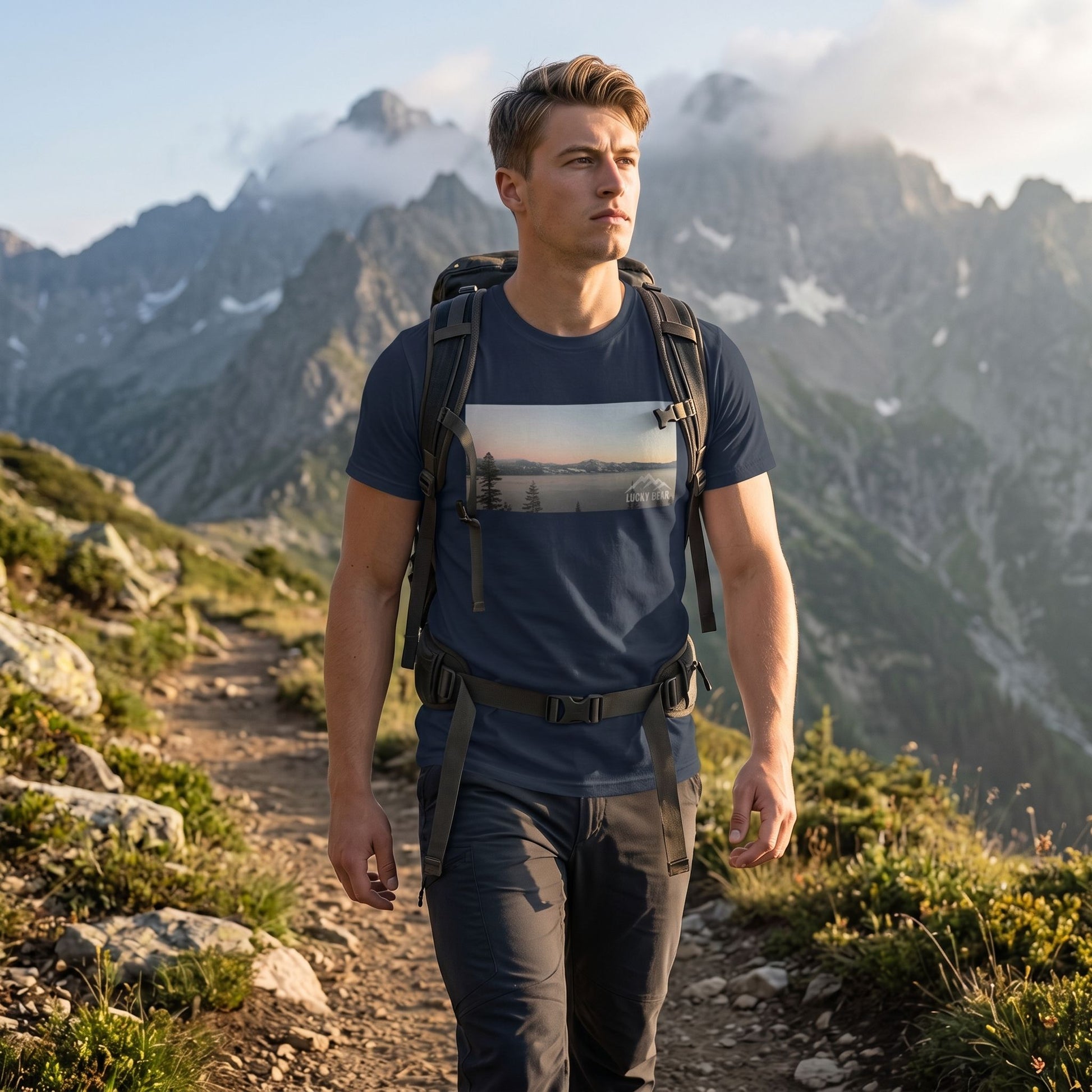 Model in navy Sierra Sunset Tee hiking on mountain trail at dawn with peaks in background and sunlight highlighting fabric.