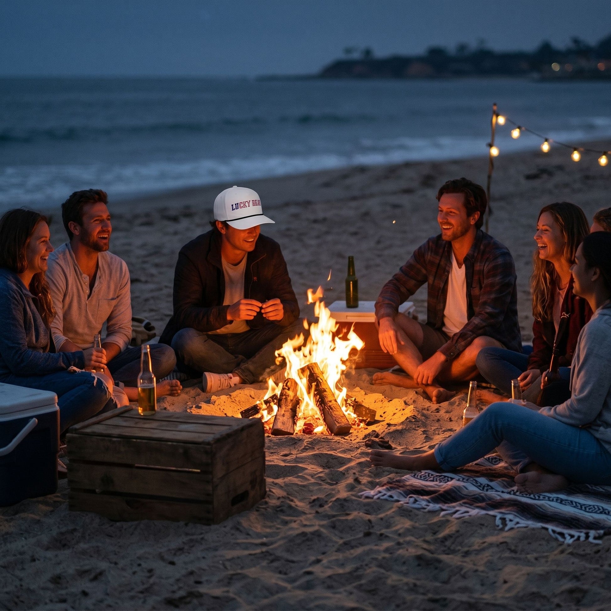 Overhead shot of the Rope Cap on a rustic outdoor picnic table at dusk, highlighting textured fabric, embroidery, and a relaxed outdoor setting with lanterns.