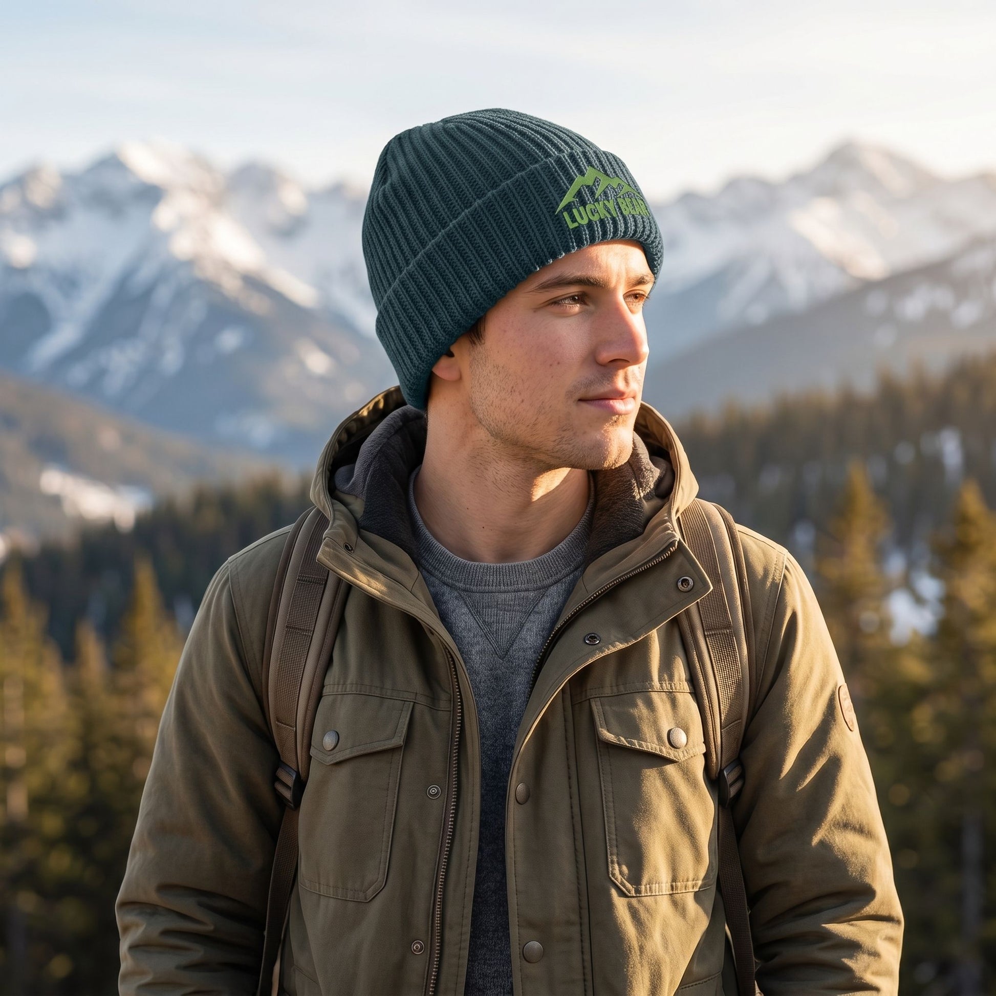 Full view of a person wearing the Sierra Summit Fisherman beanie outdoors with mountain and forest background, showcasing its fit and ribbing.