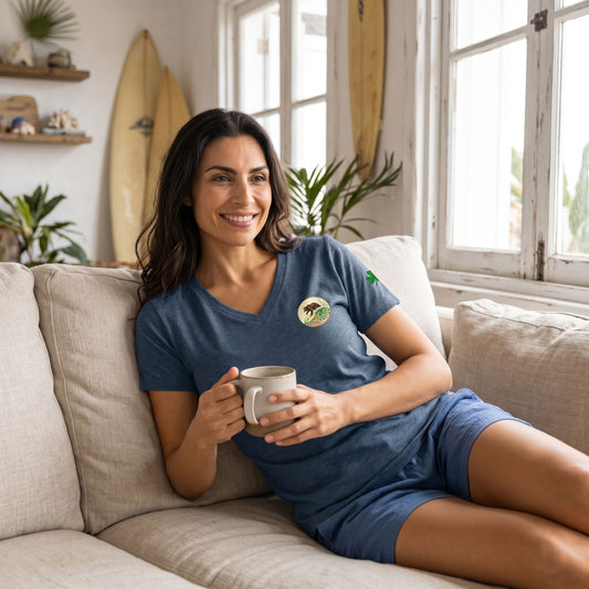 Close-up of women's Surf Club v-neck t-shirt on relaxed model in beach house with coastal decor and surfboards