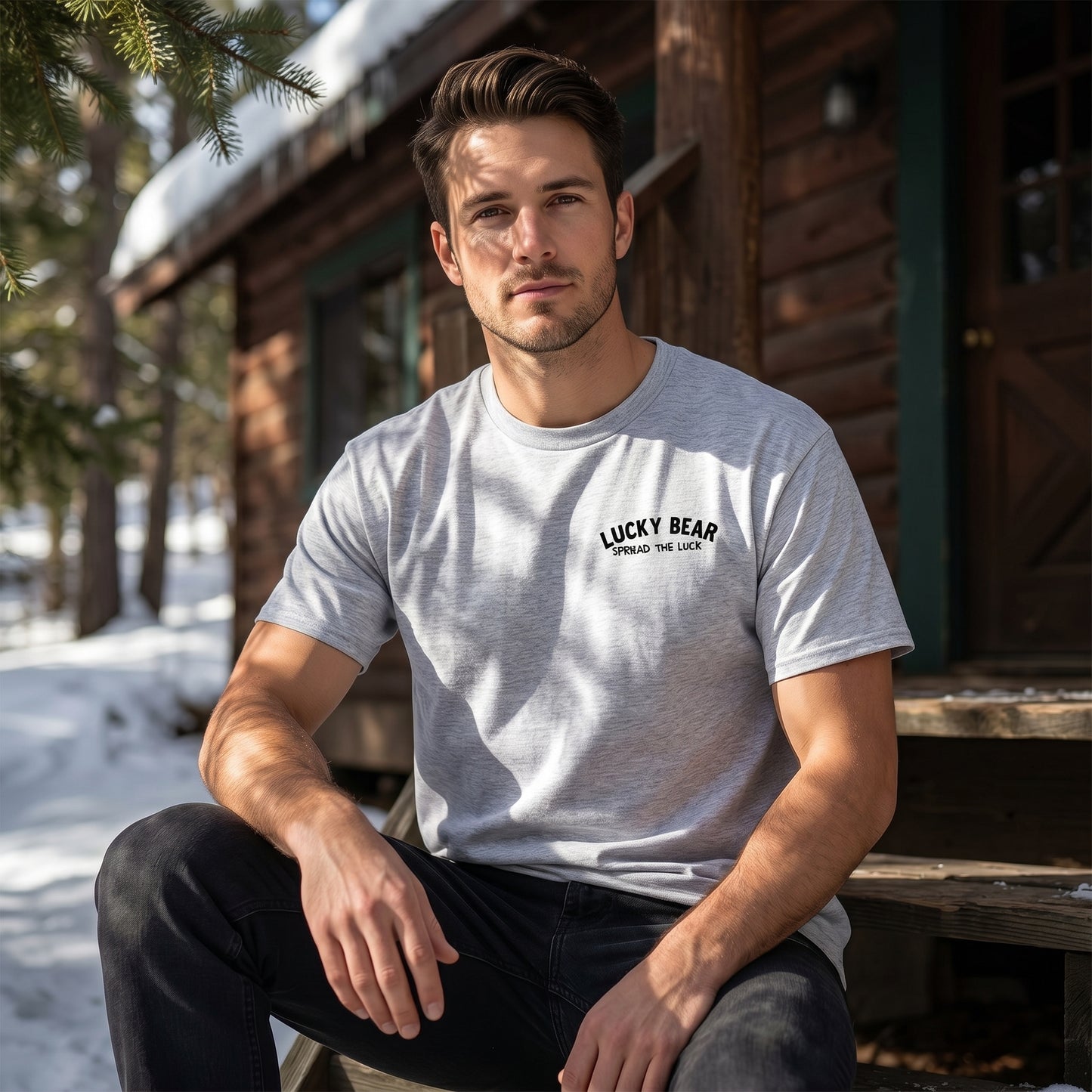 Casual shot of model seated by a rustic cabin wearing Lucky Bear Snow Day Tee, highlighting fabric quality and vibrant graphic.