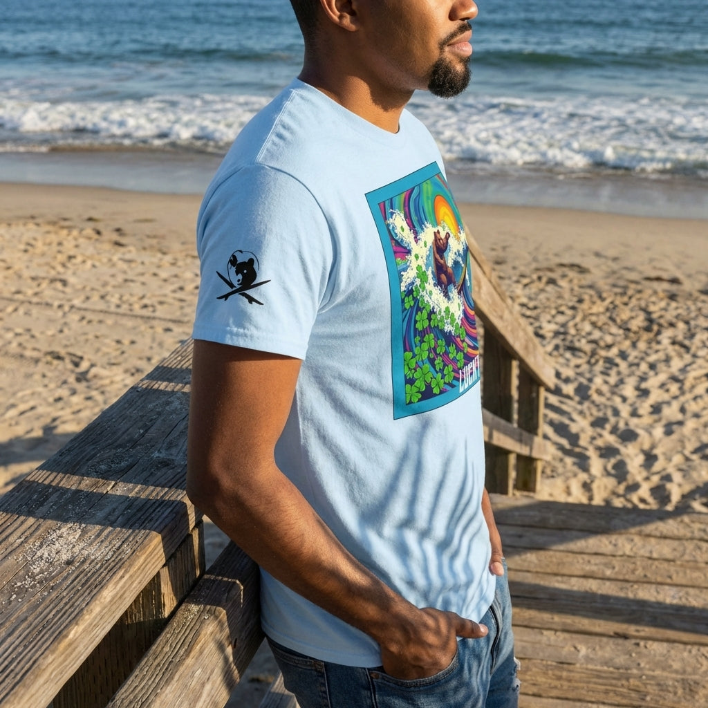 Side view of Surf Club Riding Waves Tee highlighting shoulder and sleeve details on textured wooden boardwalk.