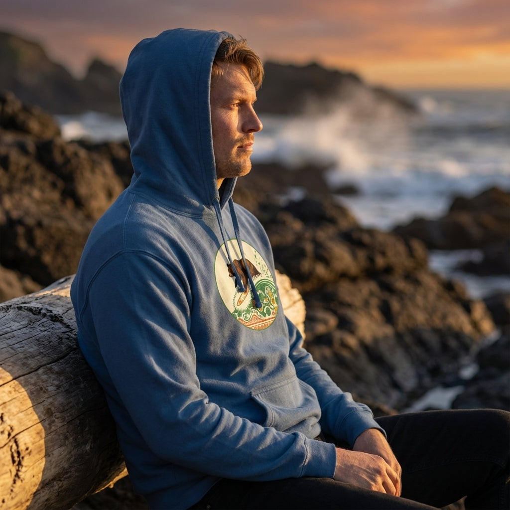Side view of indigo blue hoodie on seated model beside driftwood in rugged coastal landscape at sunset.