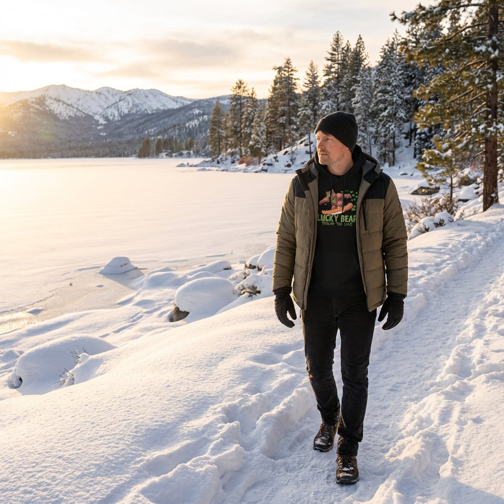 Full-body shot of a model in Sierra Bear hoodie walking on snowy mountain path during golden hour, emphasizing fit and wintery atmosphere.