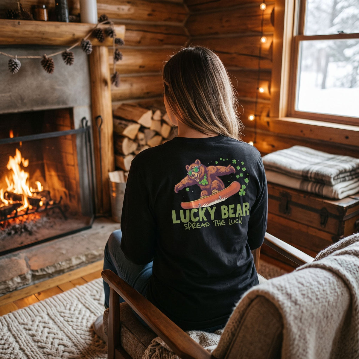 Female model in Sierra Shredding Bear long sleeve shirt sitting by campfire inside log cabin with rustic décor.