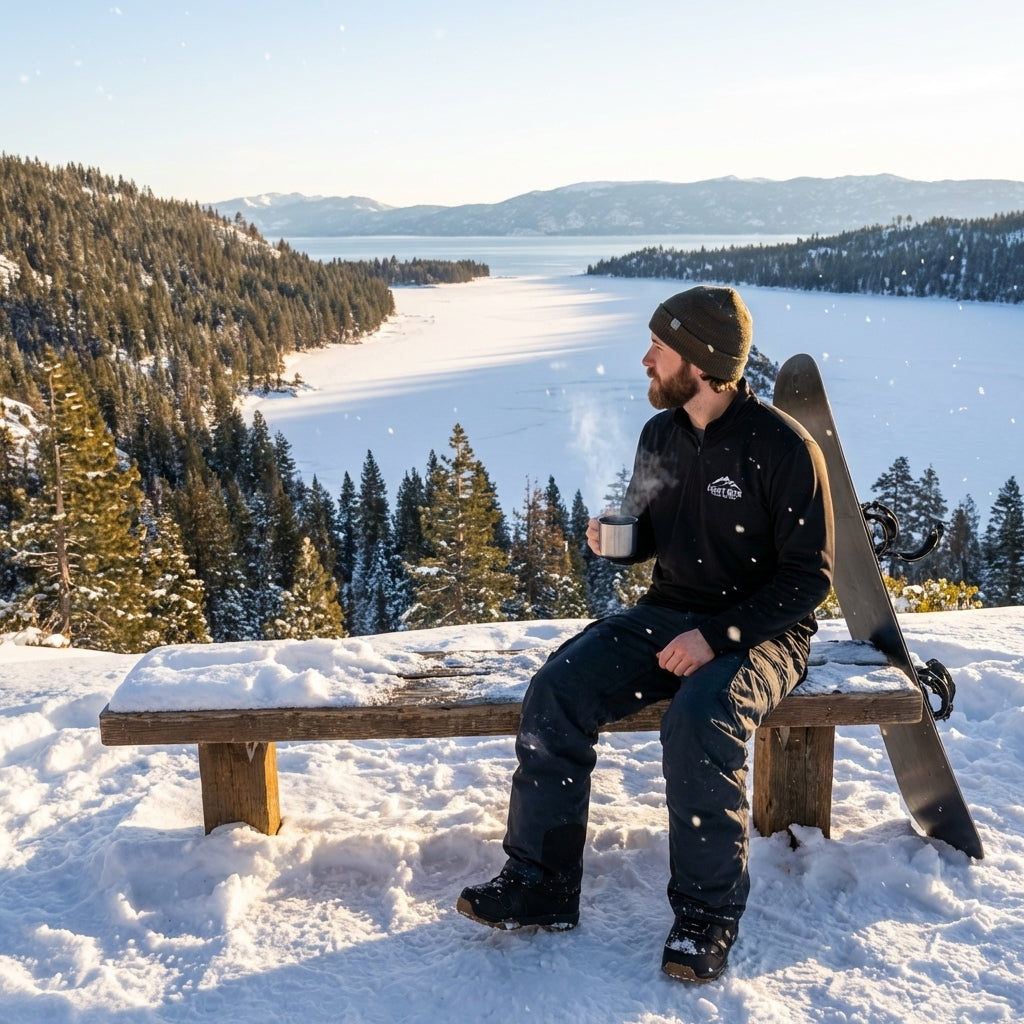 Relaxed man in white Sierra quarter-zip pullover sitting on a wooden bench on Lake Tahoe slopeside with snow falling.