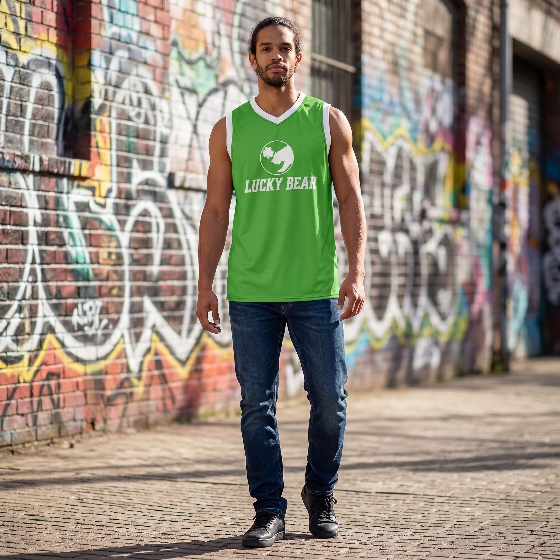 Male model wearing Lucky Bear classic basketball jersey on sunlit urban street with graffiti wall, demonstrating relaxed fit and fabric stretch.