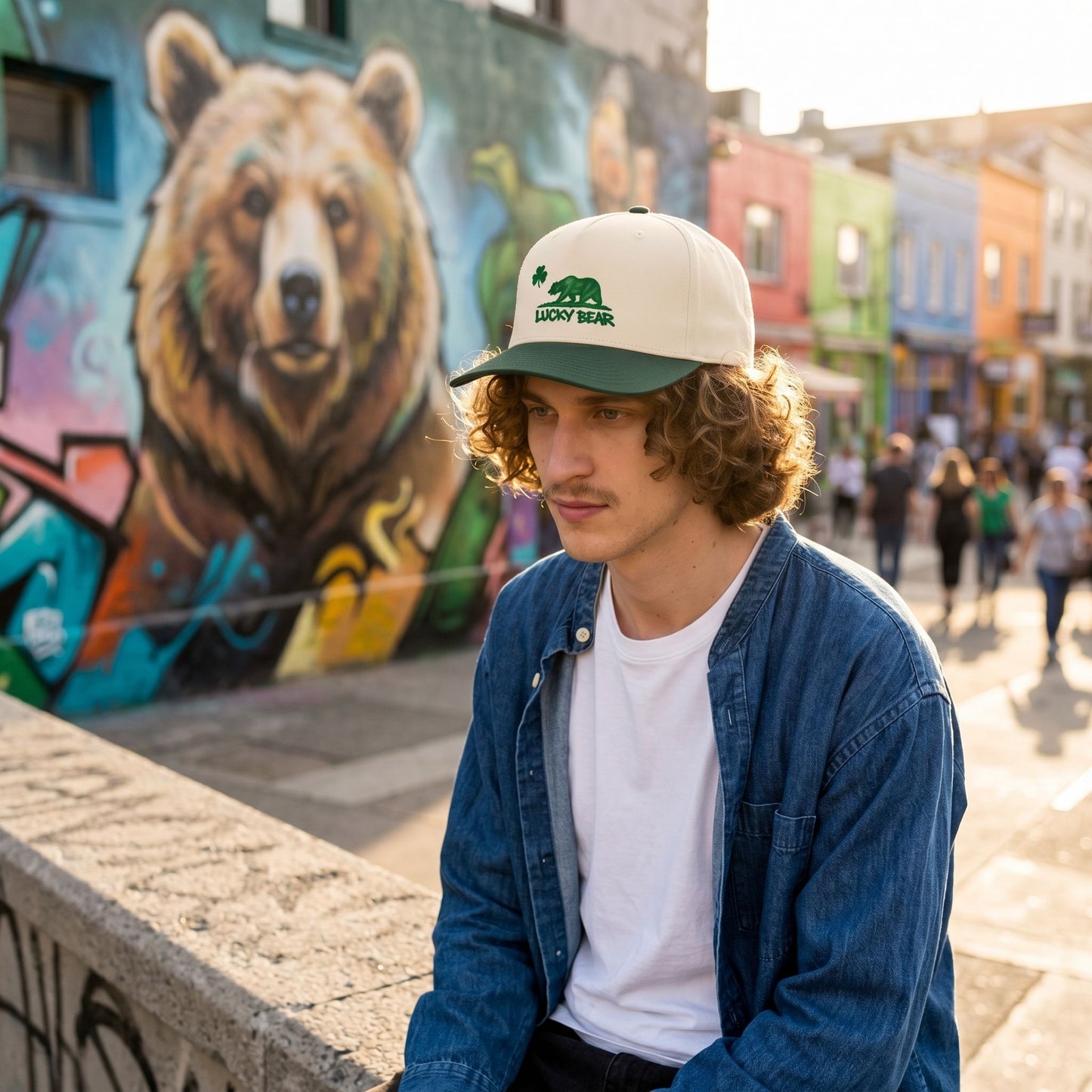 Young person wearing Lucky Republic 5 panel cap on street ledge during golden hour, surrounded by vibrant mural and lively city atmosphere.