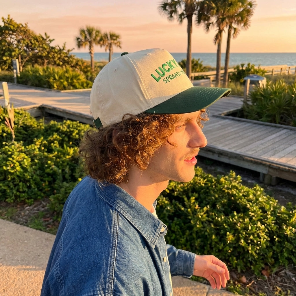 Side profile of a model wearing Spread the Luck cap backward in a coastal park during golden hour.
